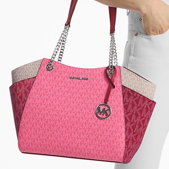 Michael Kors Jet Set LG Color-Block Signature Logo Shoulder Bag Dark Rasberry - Picture 4 of 11